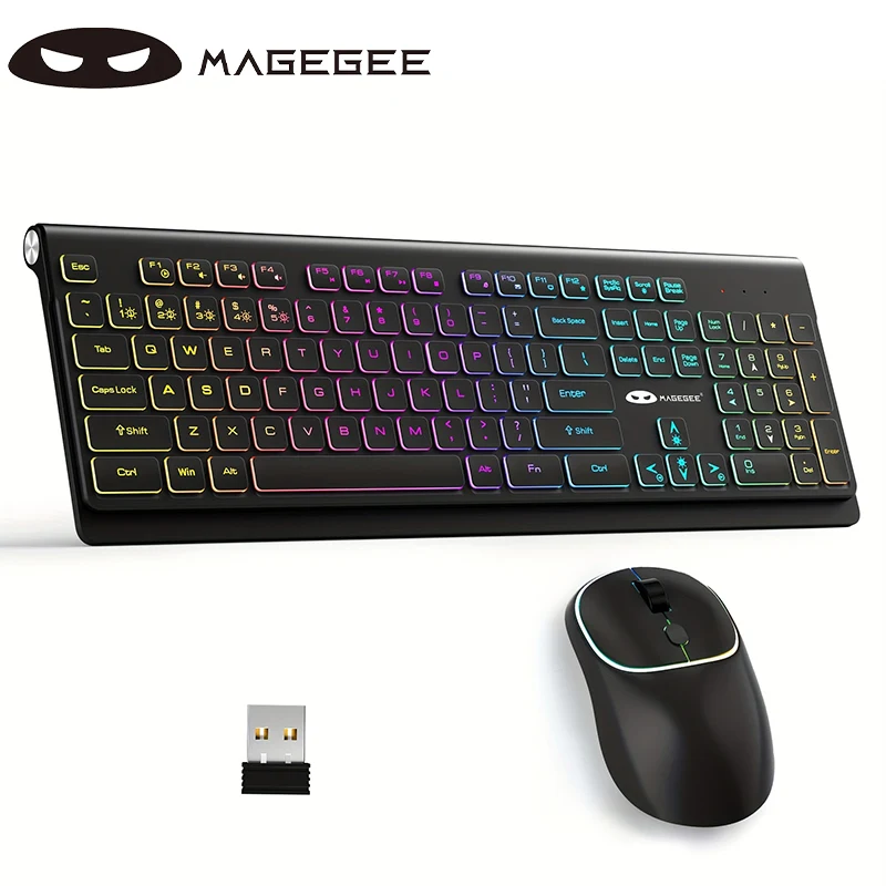 MageGee V650S Wireless Keyboard Mouse Combo, 2.4G Full Size RGB Backlit Silent Ultra-Thin Gaming Keyboard and Mouse Set with Num