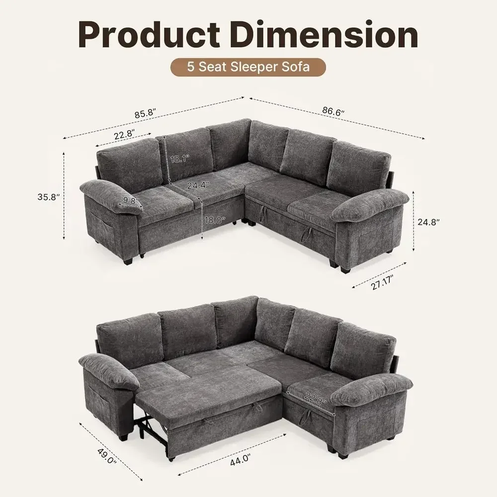 85 Sectional Sofa Bed with Storage, L-Shaped Pull-Out Couch, Removable Chenille Cover (Grey, 5 Seats)