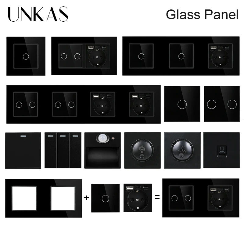 

UNKAS Black Glass Panel DIY Free Combination Tuya Wifi Single Fire Line 1 2 Gang 146mm Switch Smart Home Outlet Dimmer Fan TV