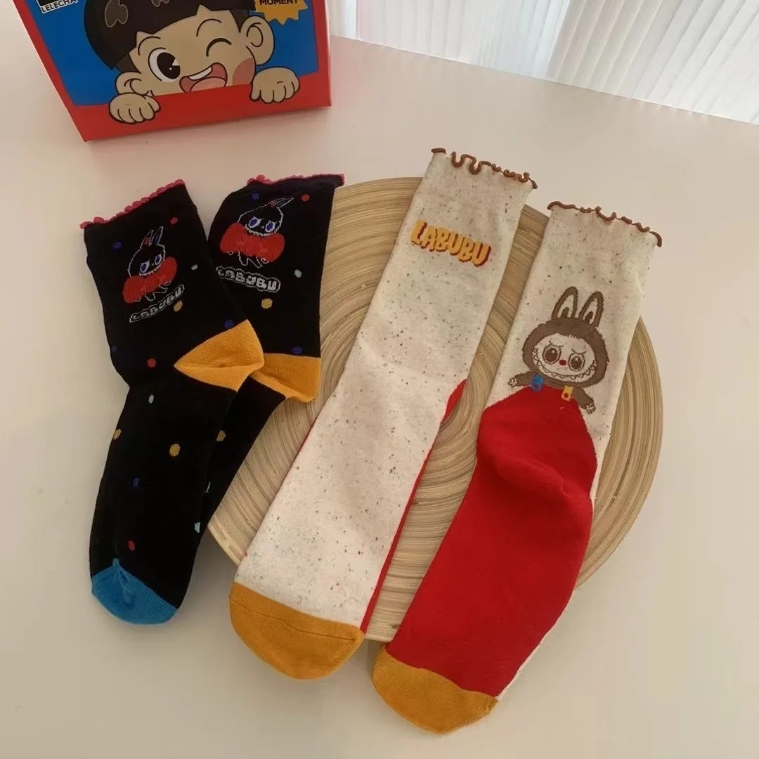 

Cute Labubu Women Men Socks Cartoon Personality Comfortable Harajuku Skateboard Selvedge Anime Middle Tube Cotton Unisex Socks