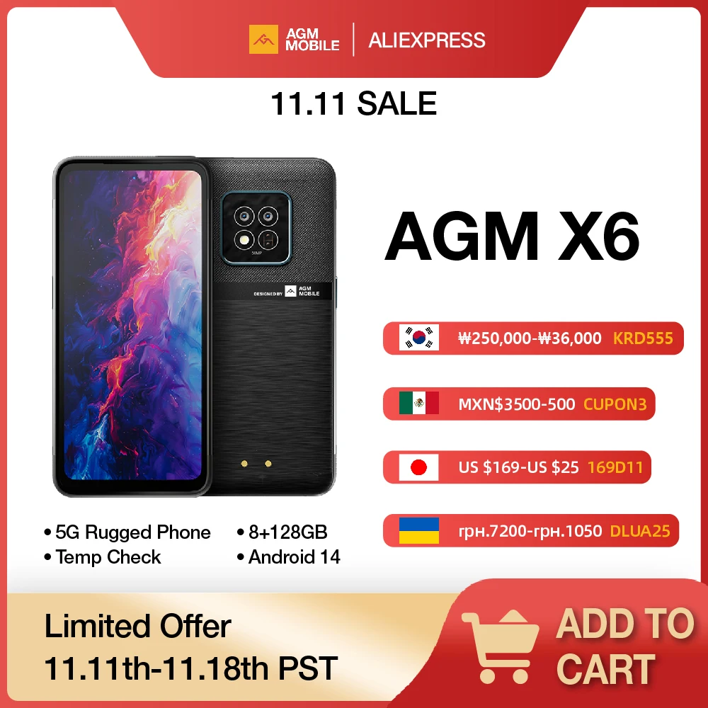 AGM X6 5G Smartphone 6.78” FHD+, Waterproof 50MP Camera 5000mAh, 8GB+128GB, Android 14, Temp Check, NFC,Dual SIM