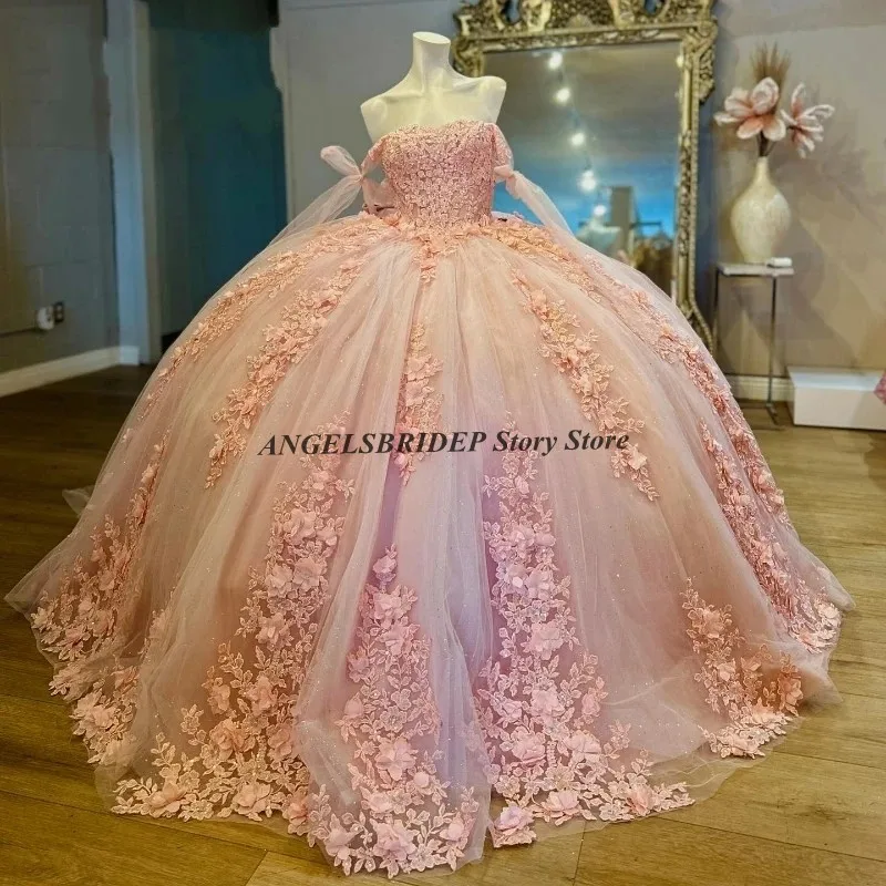 

Angelsbridep Pink Sweet 16 Quinceanera Dress 2024 Off Shoulder 3D Lace Floral Applique Beaded Lace Up Corset Vestidos De 15 Años