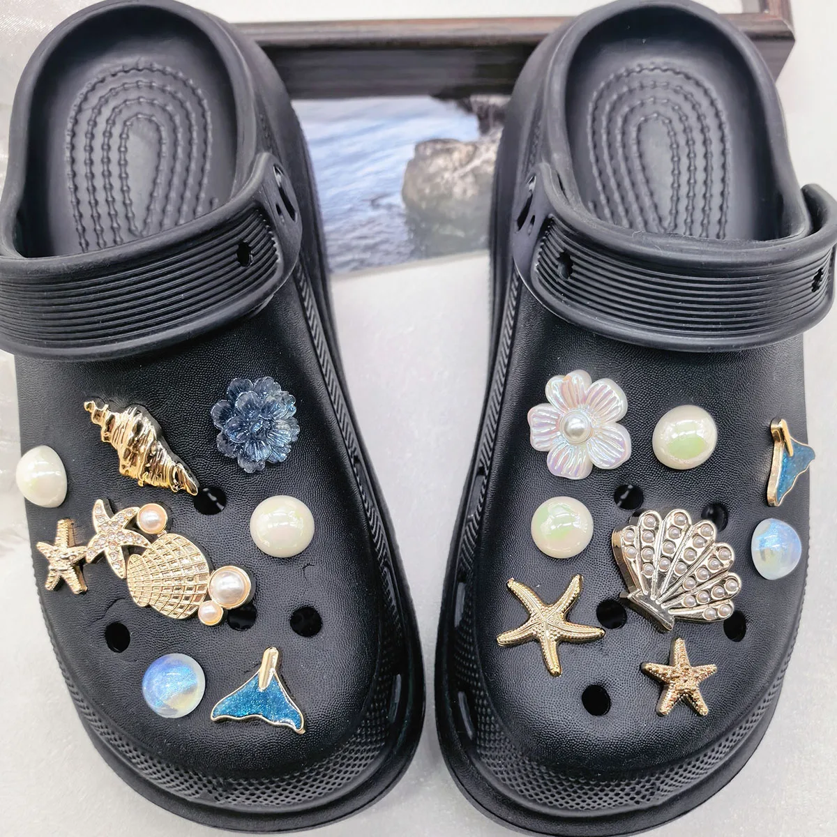 16PCS Ocean Conch Starfish Shoe Charms DIY Accessories Beach Shell Clogs Shoe Buckles Decorations Flower Faux Pearls Shoe Clips