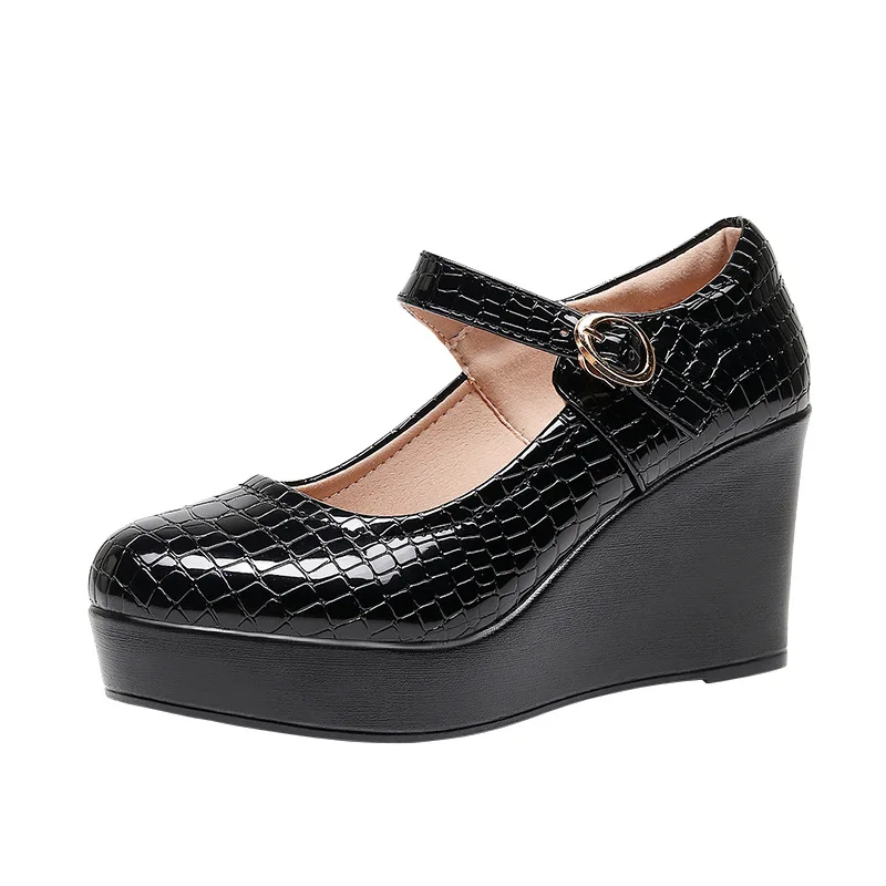 6cm 8cm Small Size 33-43 Shallow Patent Leather Mary Janes Woman High Heels 2025 Spring Thick Platform Wedges Shoes Office Mom