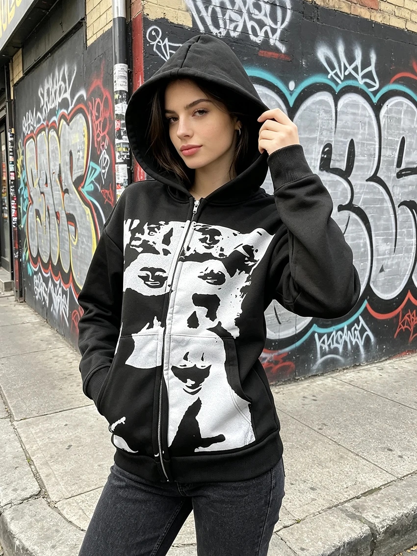 Harajuku Dark Goth Women Oversized Zip Hoodie Black White Portrait Graphic Hooded Sweatshirt Y2K Aesthetic Street Fashion Jacket