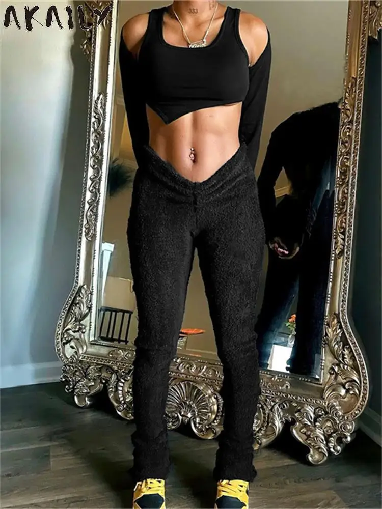 

Akaily Fall Winter Black Fleece Sweatpants Streetwear Outfits For Women 2023 Fashion Low Waist Leggings Pants Causal Trousers