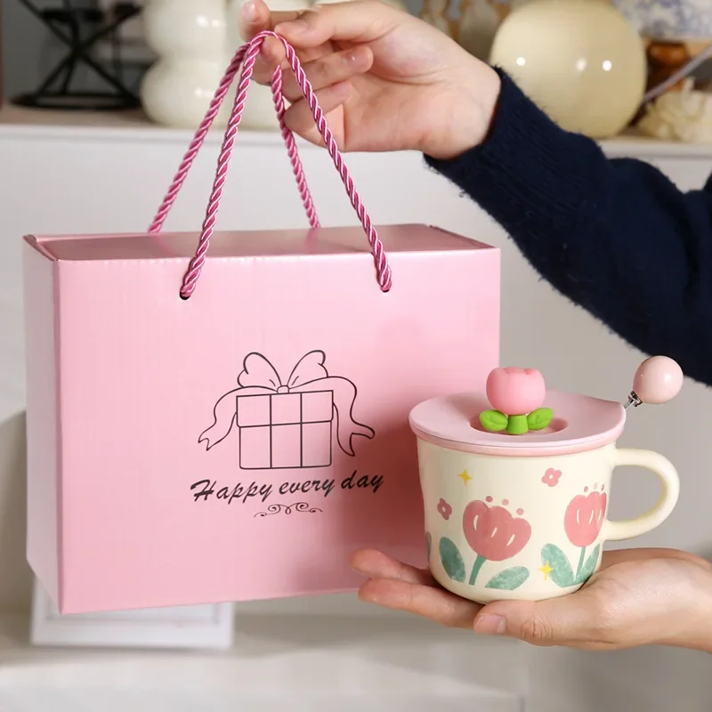 

Creative Coffee Mug with Tulip Flower Design Ceramic Cup for Women Aesthetic Ins Style Breakfast Cup