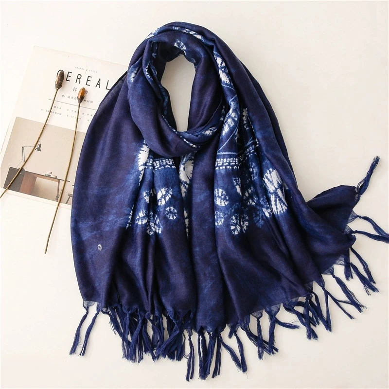 

New Ethnic-style Tie-dye Colorized Blue-and-White Cotton and Linen Scarf Travelling Shawls for Women
