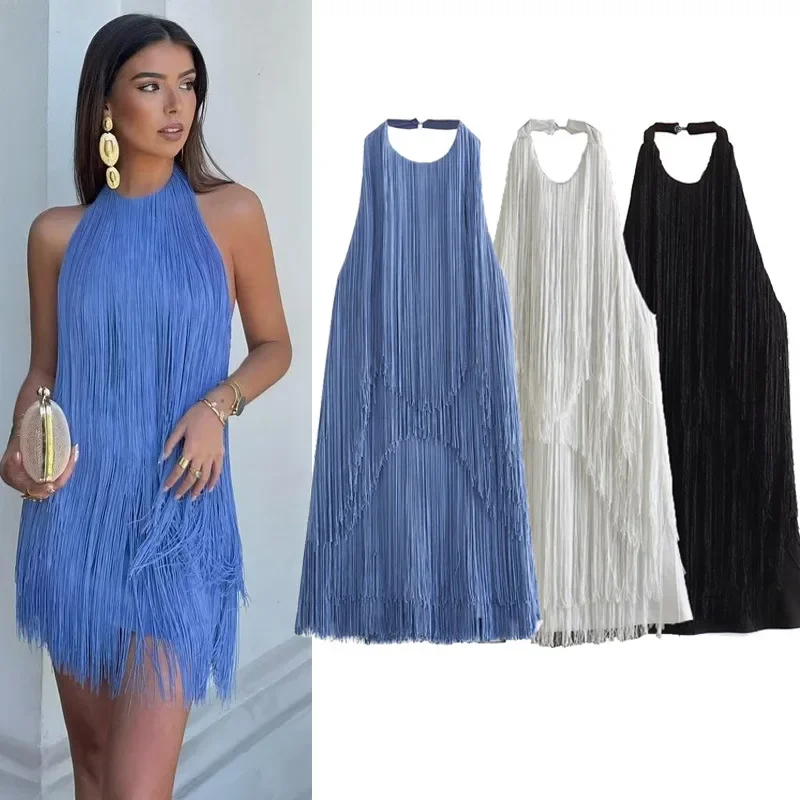 

2025 Women's Fashion Hanging Neck Sling Backless Tassel Mnin Dress Sexy Solid Color Chic Women's Retro Evening Gown