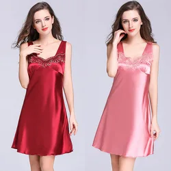 Pajamas Women's Ice Silk Sexy Nightdress With Bra Pads Sleeveless V Neck Solid Color M-4XL Large Size Home Clothes