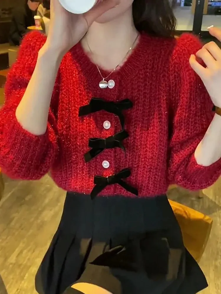 

Bow Sweet Christmas Red Cardigan Women Vintage Elegant Buttons Knitted Sweater Korean Casual Long Sleeve Lady O Neck Retro Tops
