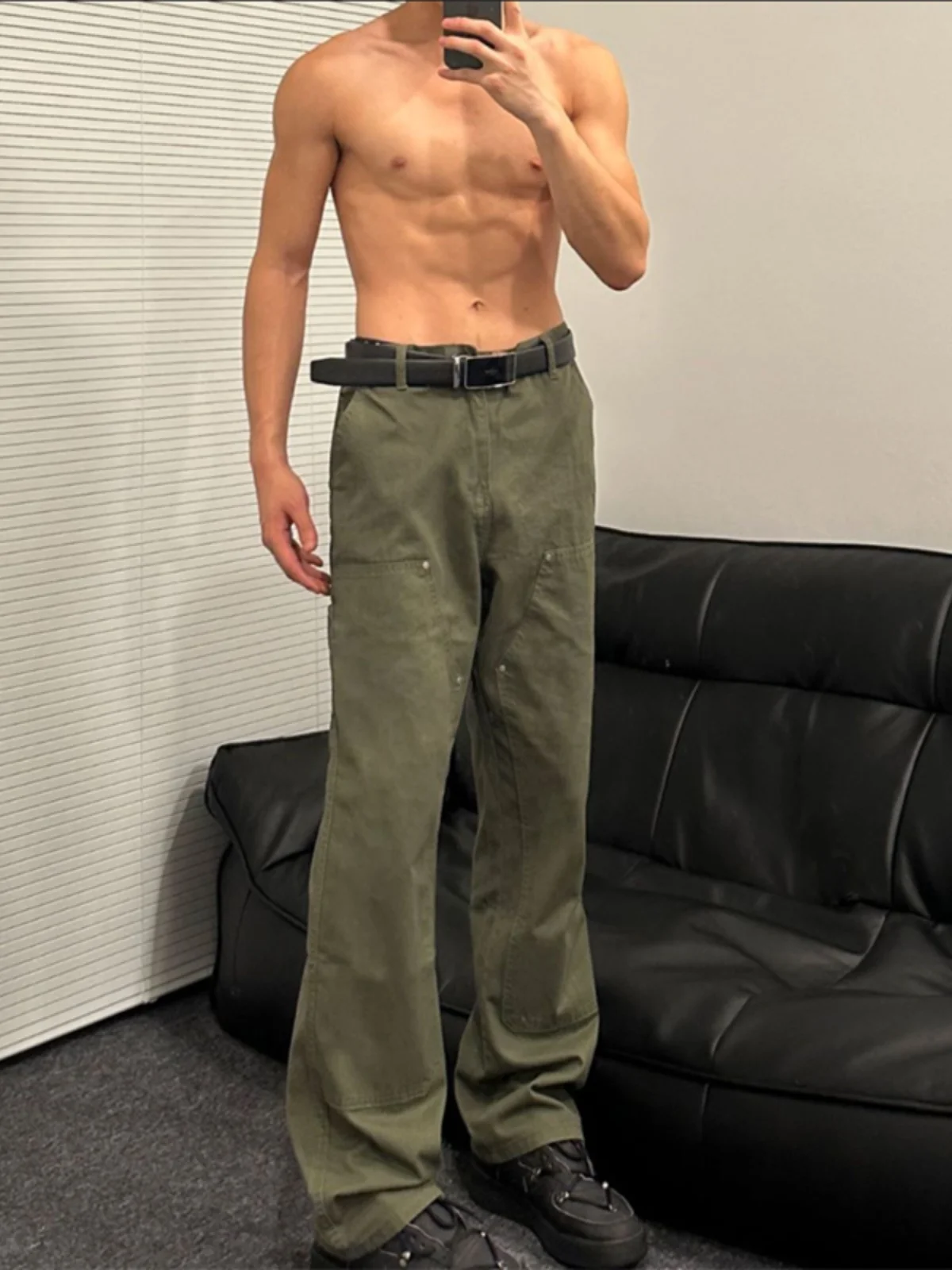 

Мужские рабочие брюки в стиле милитари, весенне-осенние, винтажные, с дизайном на коленях, американские джинсы прямого кроя для работы на лесозаготовительных объектах, в стиле High Street