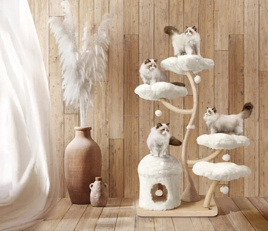 Cat Climbing Tower Condo Indoor Wooden Flower Tree with Natural Sisal Scratching Post