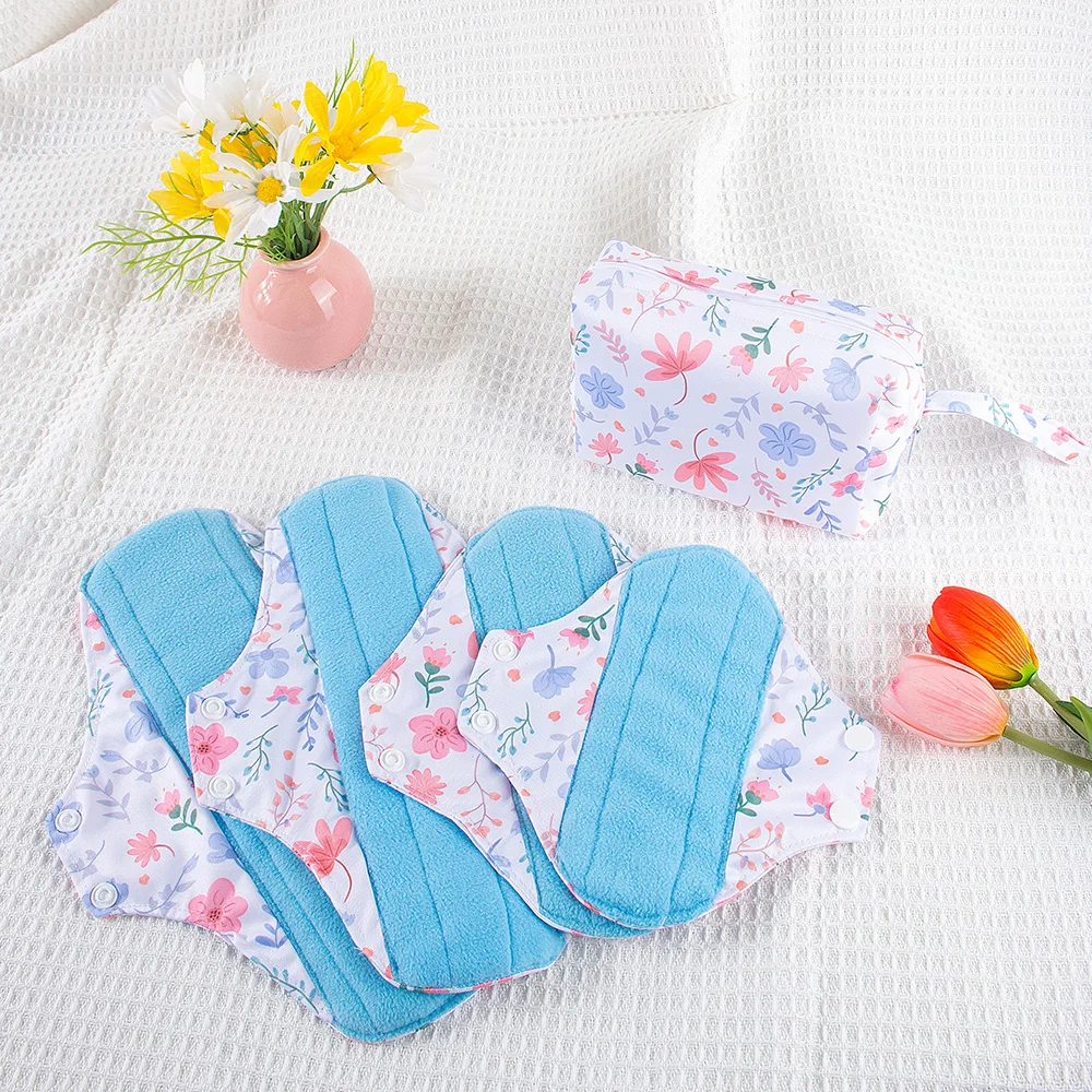 4pcs/Set Reusable Menstrual Pads Polar Fleece Menstrual Heavy Incontinence Pads  with 1pc Cloth Mini Wet Bag