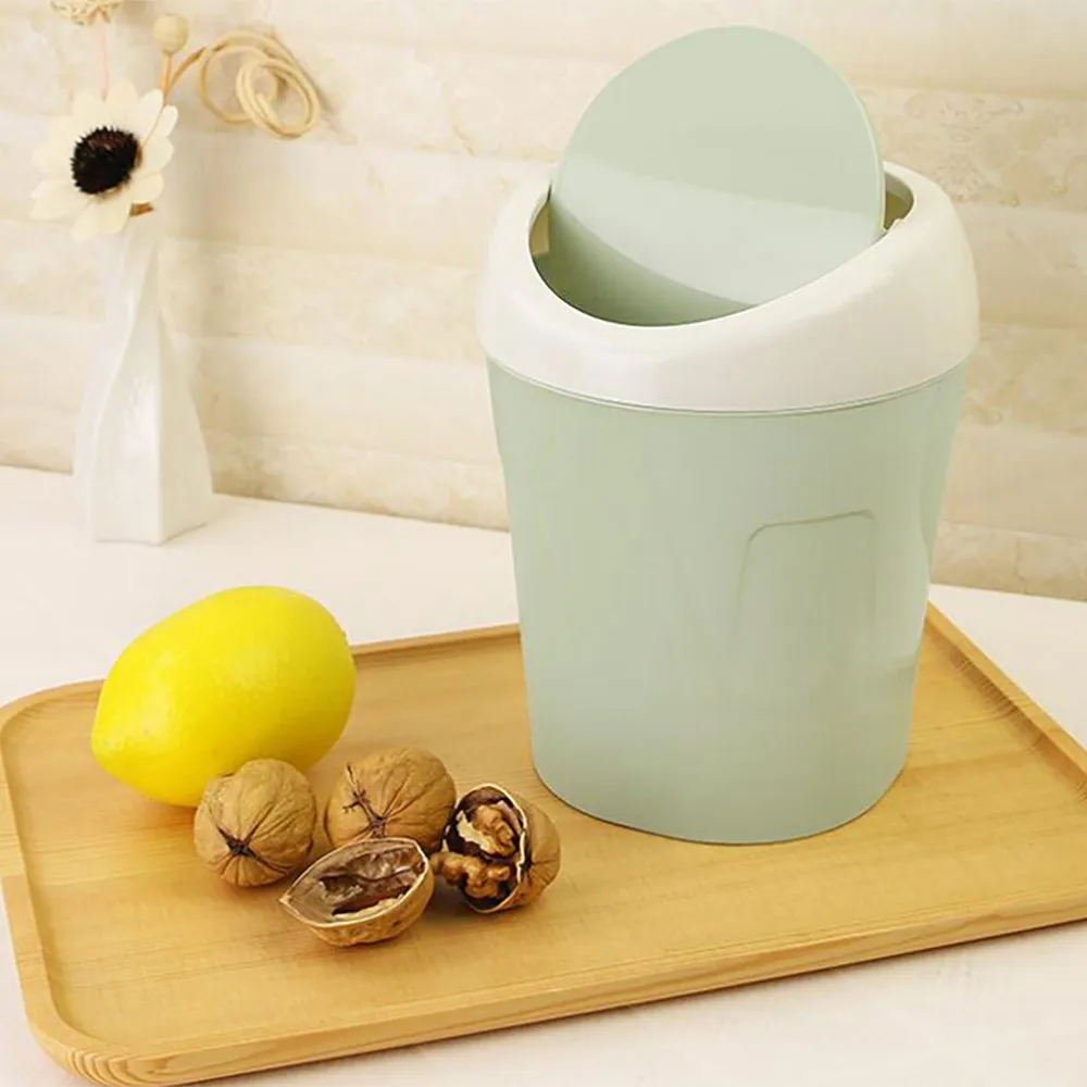 Cubo de basura pequeño y práctico para el hogar, contenedor de basura pequeño de color verde, con cubierta de escritorio para cocina, sala de estar y cocina