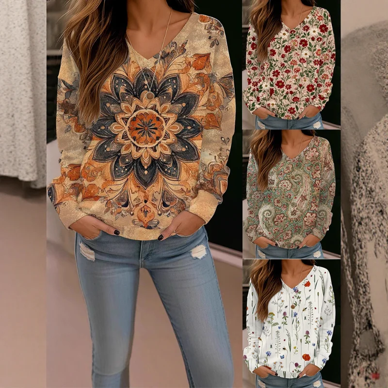 

2025 Новый женский повседневный пуловер с v-образным вырезом и длинными рукавами, толстовка с цифровым принтом