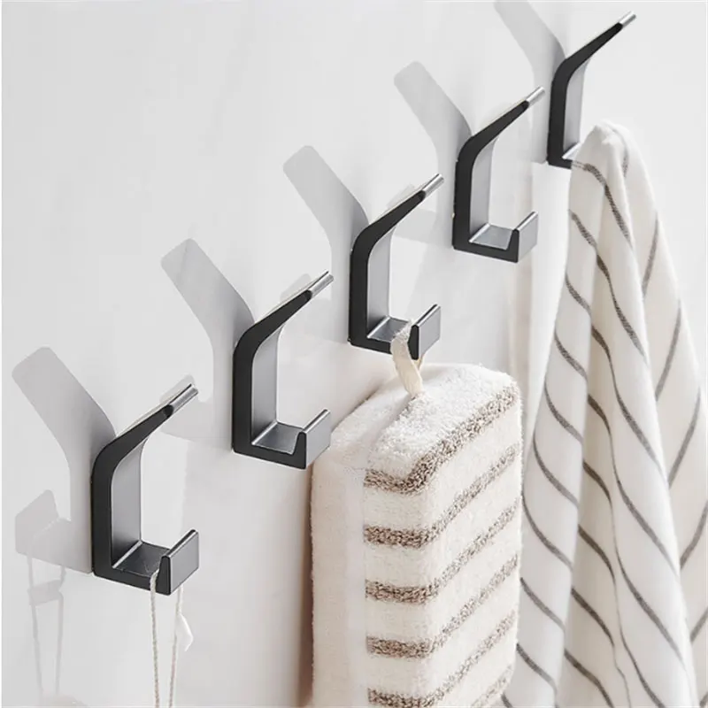 Aluminum Alloy Black Robe Hook Wall Hook Towel Hook Self Adhesive Rustproof Hook Hanger For Bathroom Kitchen Hardware