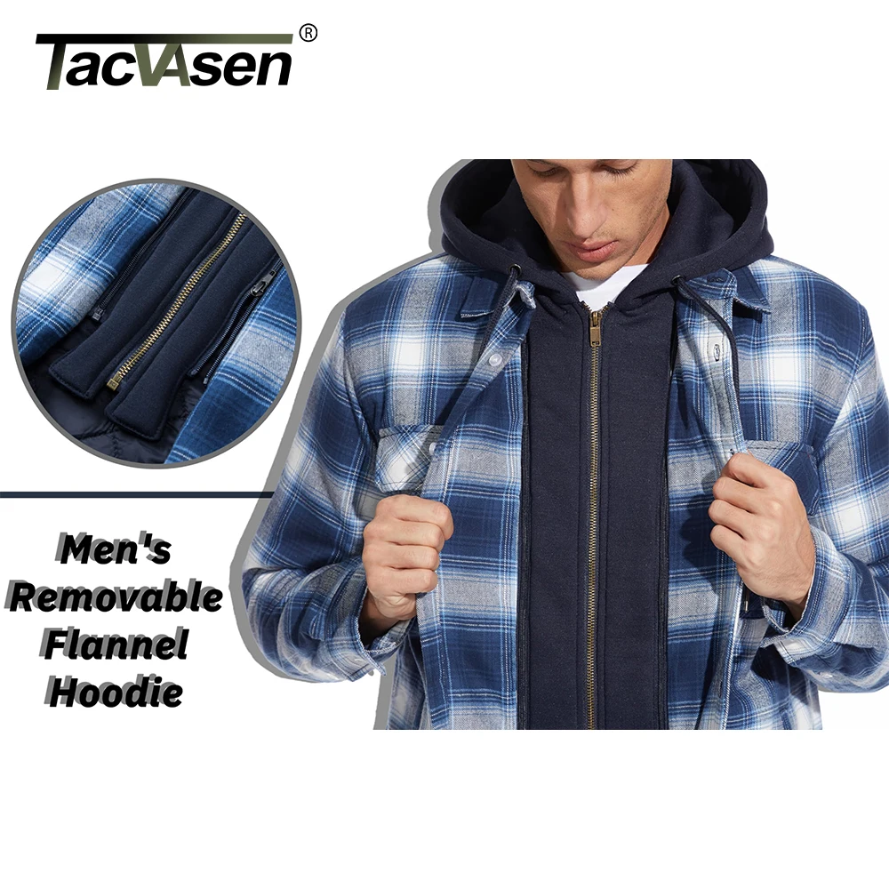 TACVASEN Flannel Plaid Shirt Jacket Mens Quilted Lined Winter Coats with Removable Hood Fall Winter Fashion Thick Hoodie Outwear