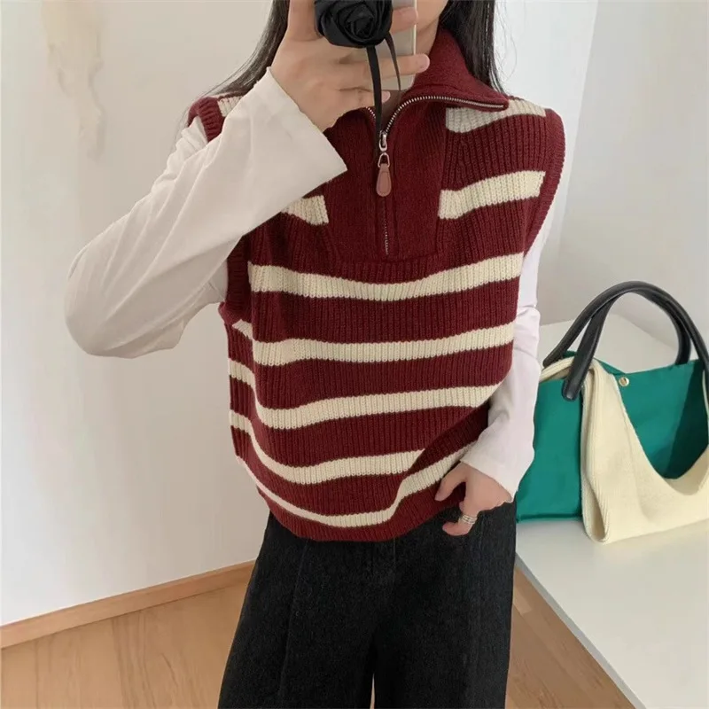 

Striped Half-zipper Pullover Sleeveless Sweater Women's Autumn New Knitted Vest Vest Top