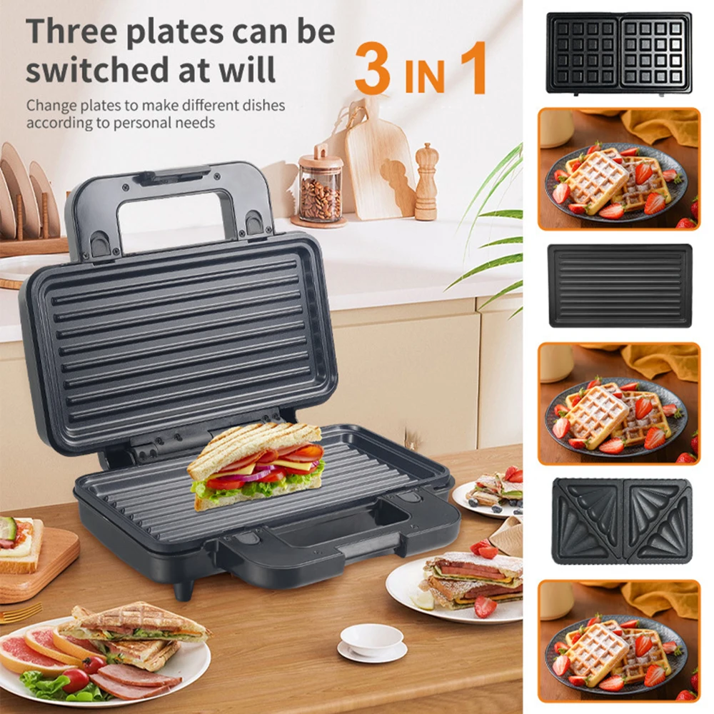 

1000W Sandwich Maker 3 In 1 Multifunction Toaster Crepe Waffle Maker Cool Touch Exterior Breakfast Machine Non-stick Grill Maker