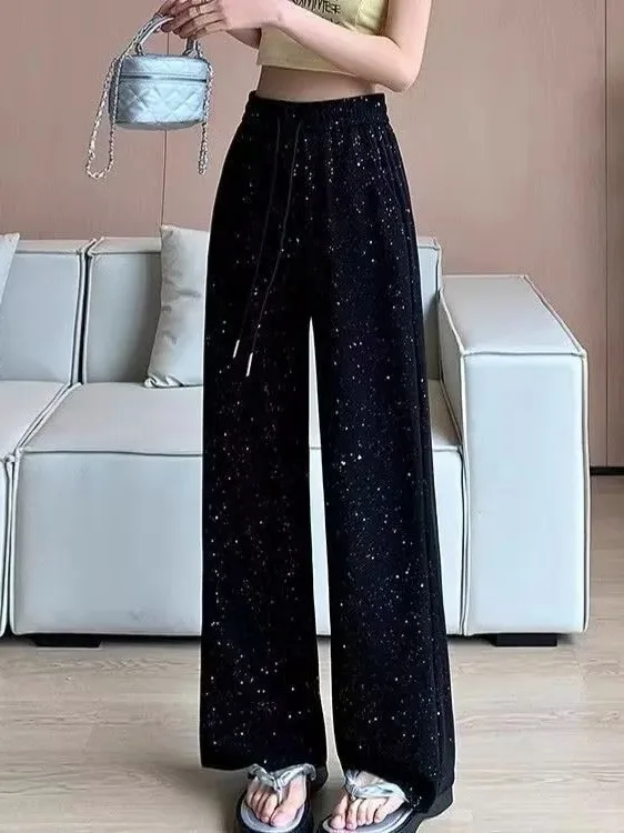 Women Sparkling Rhinestone Wide Leg Pants Elastic High Waist Drawstring Loose Trousers Glitter Sequins Casual Straight Pants Lad