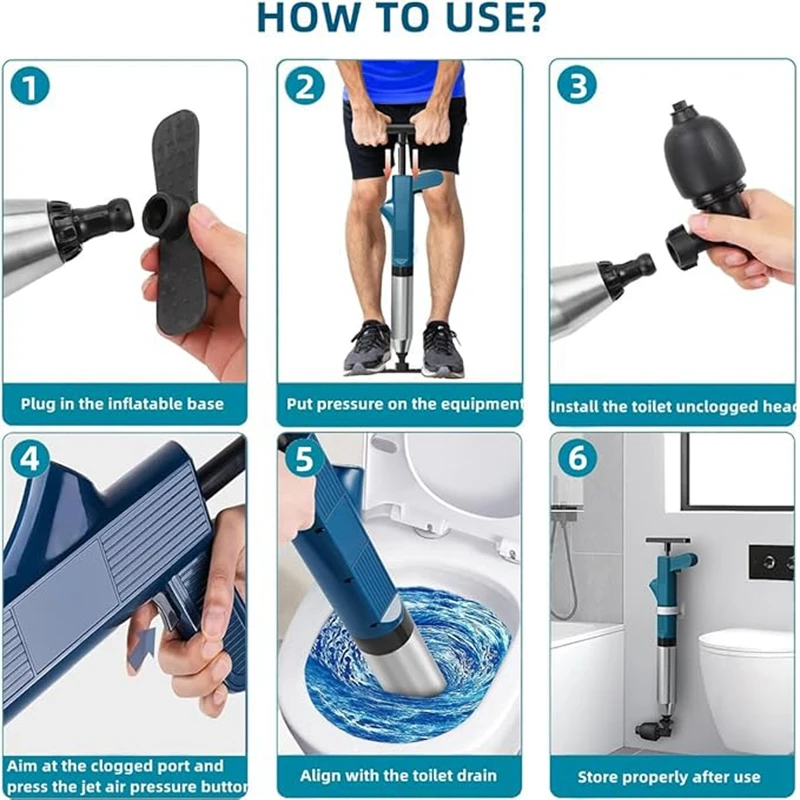 Leistungsstarker Toilettenreiniger aus Edelstahl, Pneumatischer Hochdruck-Rohrreiniger, Abflussreiniger-Set – Detail 7