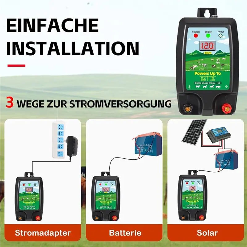 Electric Fence Device 12 V With LED Display, For 10 Km Range, Electric Shepherd 2J Output, For Farm Animal Control, Eu Plug