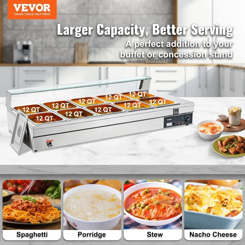 VEVOR 10-Pan Commercial Food Warmer, 10 x 12QT Electric Steam Table with Tempered Glass Cover, 1800W