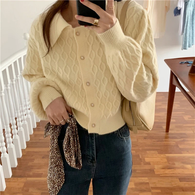 ABRINI Women Vintage Peter Pan Collar Sweater Cardigan with Silk Scarf Fall Buttons Thicken Loose Knit Coat Winter Casual Jacket