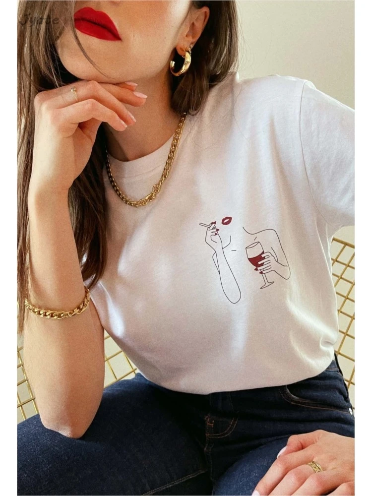 2024 New Wine Glasses Creative Print Summer T-shirts New White Cotton O Neck Short Sleeve Tees Loose French Fashion Casual Tops