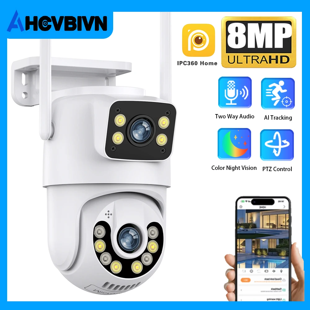 8MP IP Surveillance Camera 4K HD Dual Lens Outdoor Wifi Video Surveillance PTZ Camera Waterproof External AI Track
