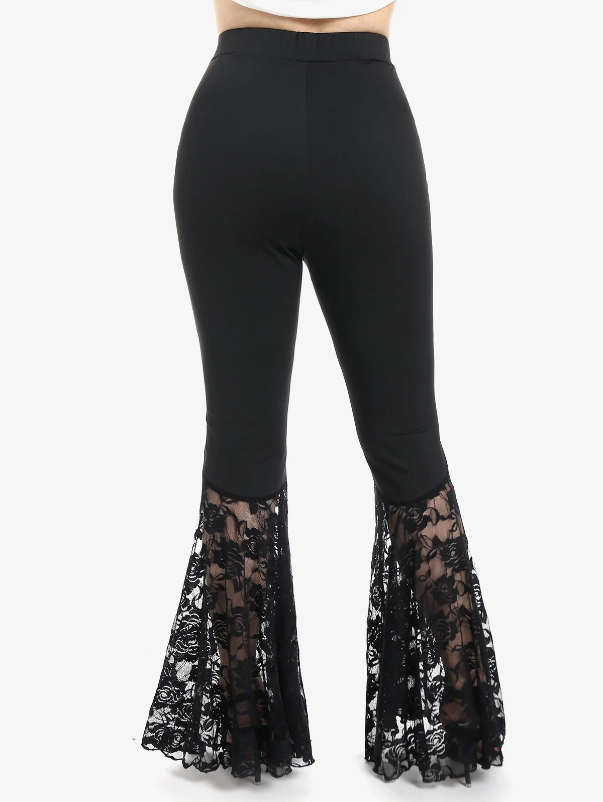 ROSEGAL Gothic Black Lace Panel Flare Pants With Lace-Up Women High Waist Overlength Skinny Leggings Pleated Pull On Trousers 4X