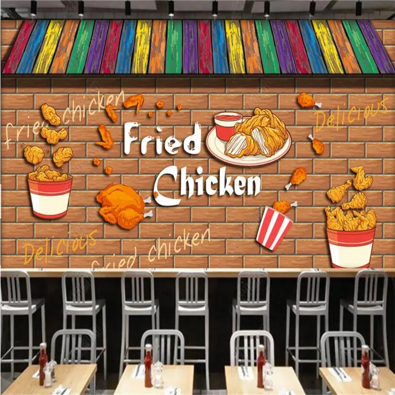 Custom Brick Wall Fried Chicken Snack Bar Wall Paper Fast Food Restaurant Decor Mural Self-adhesive Wallpaper Papel De Parede 3D