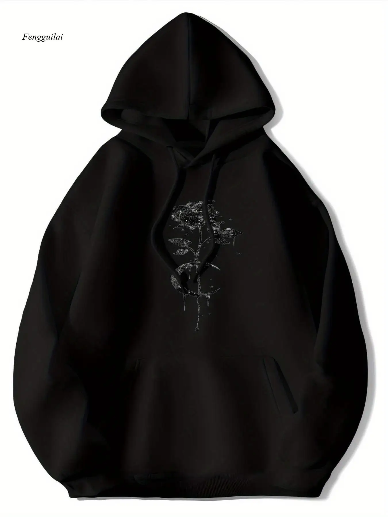 

Готическая толстовка с принтом розы и луны — водолазка большого размера с эстетикой эмо, черно-белые готические буквы