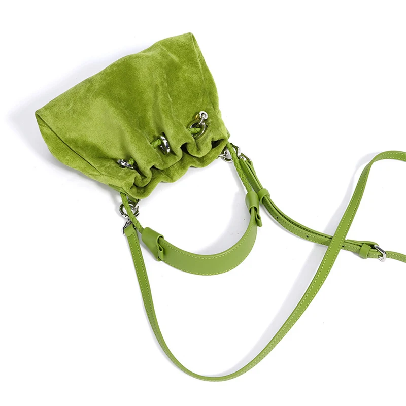 Designer-Umhängetasche aus Rindsleder und Wildleder, Glückshandtasche aus echtem Leder mit Kordelzug, lässige Cloud-Plissee-Umhängetasche für Damen – Detail 9