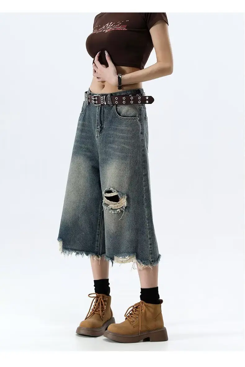 Summer Women's Fringe Hole Design Wide-leg Denim Shorts Unisex Calf-length Pant Retro Streetwear Female High Waist Half Trousers