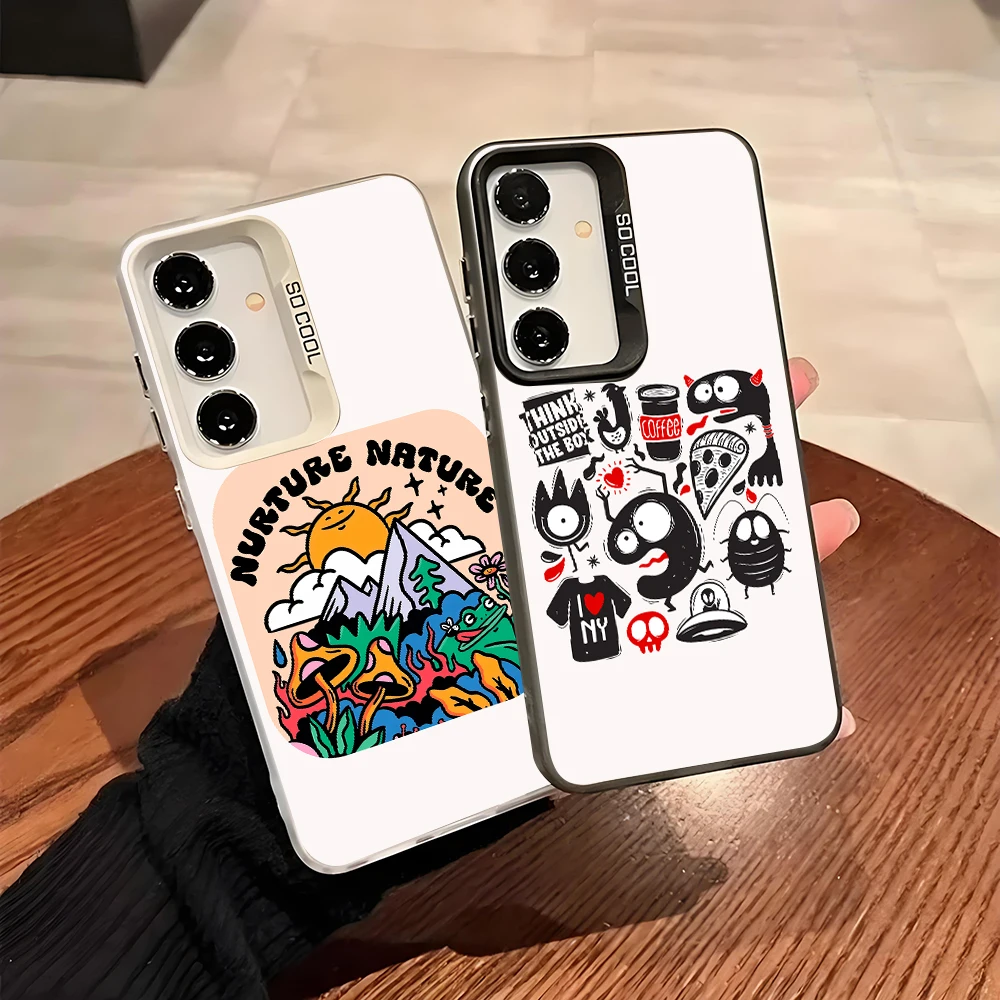 Art Doodle Cute Dog Kitten Cat Silver IMD Case For Samsung A56 A55 A54 A53 A36 A35 A26 A25 A24 A17 A15 A16 A32 A22 A52 5G Cover