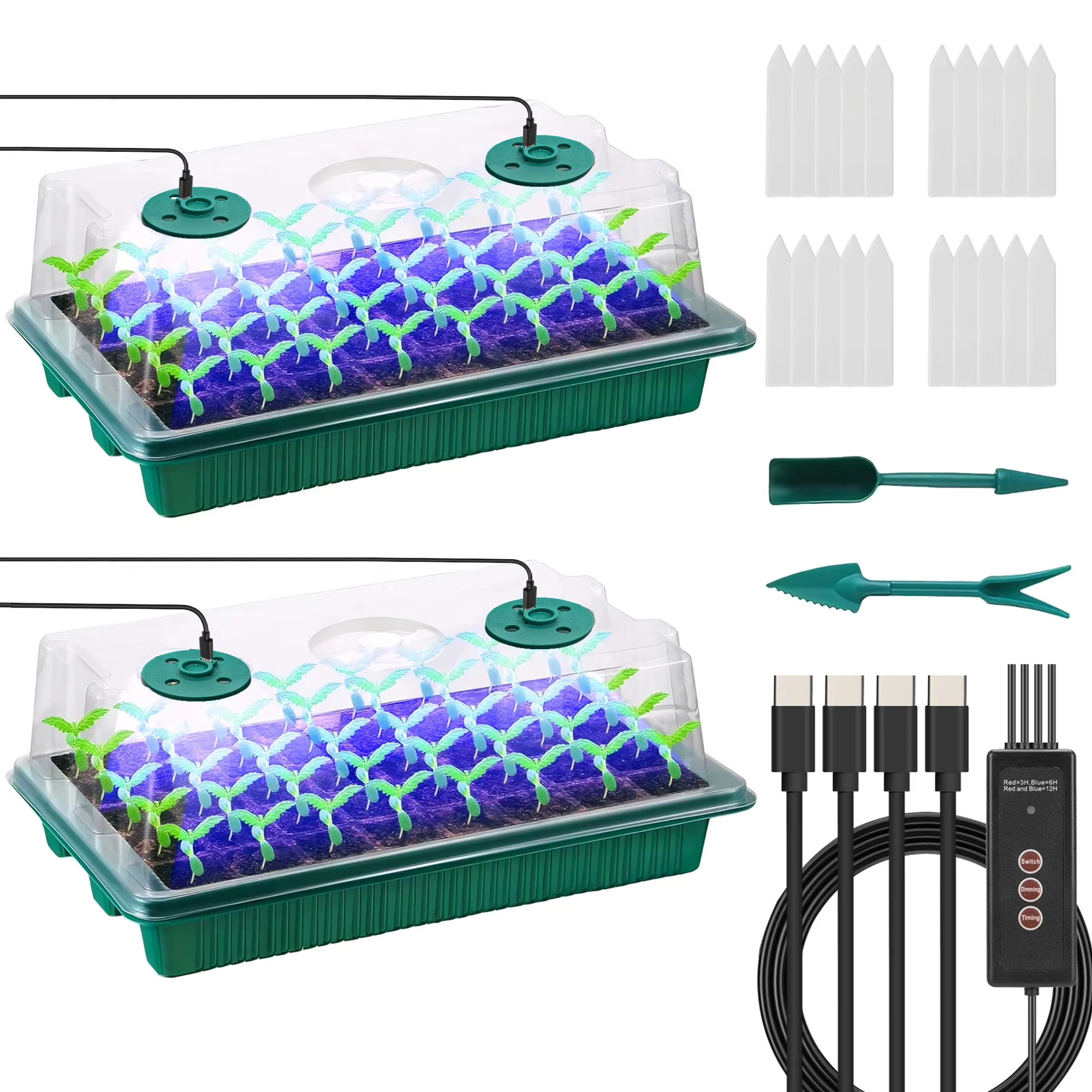 80Cell Seedling Tray Kit, 2Counts Seed Starting Tray with Grow Light & Controller & Humidity Dome, Indoor Plant Starter Tray Kit