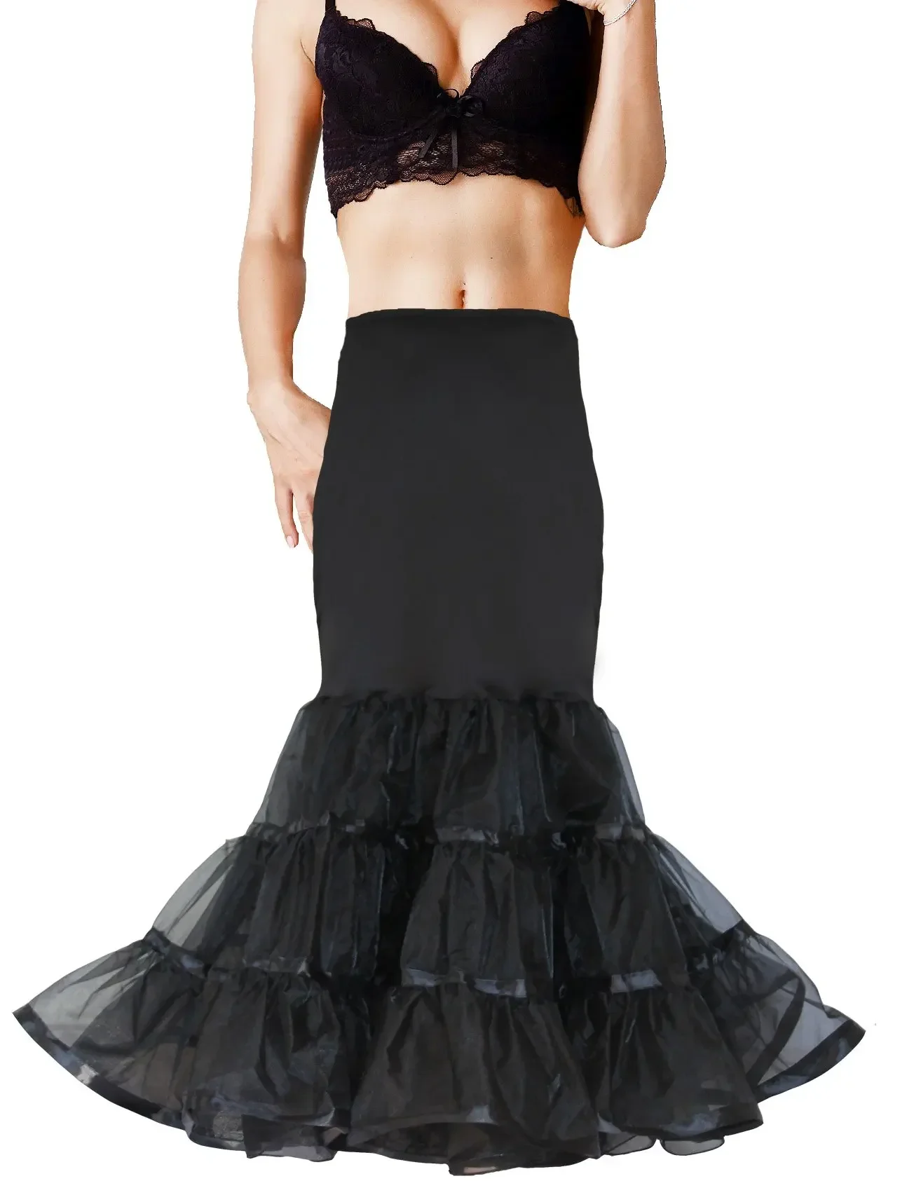 Fashion Women Black Skirts Mermaid 1-Hoop Formal Ribbon Edge  Floor-Length Petticoats Crinoline Underskirt