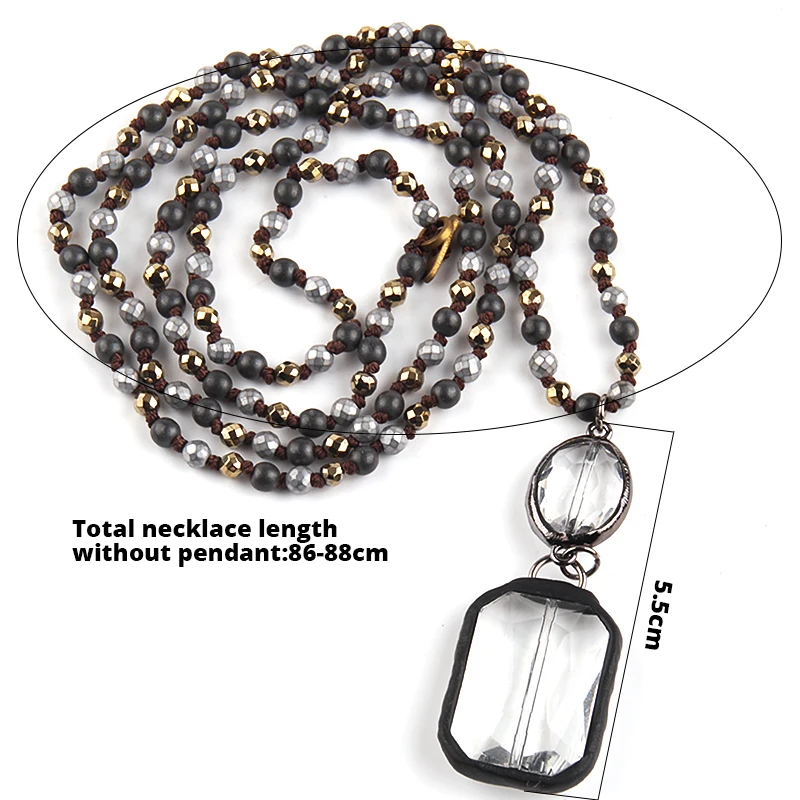 RH Fashion Bohemian Jewelry 4mm Beads Stone Knotted Rectangle Crystal Glass  Pendant Necklaces For Women Festival Gift