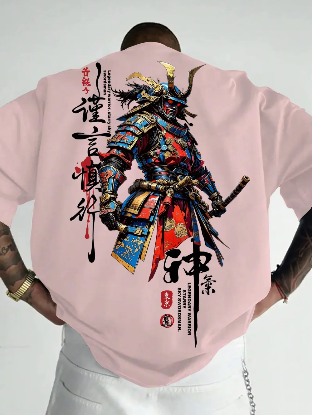 Herren Tokyo Warrior Casual Sport Streetwear Japanischer Tuschestil Samurai-Muster Bedrucktes Trendiges Alltags-Outdoor-Kurzarm-T-Shirt – Detail 3