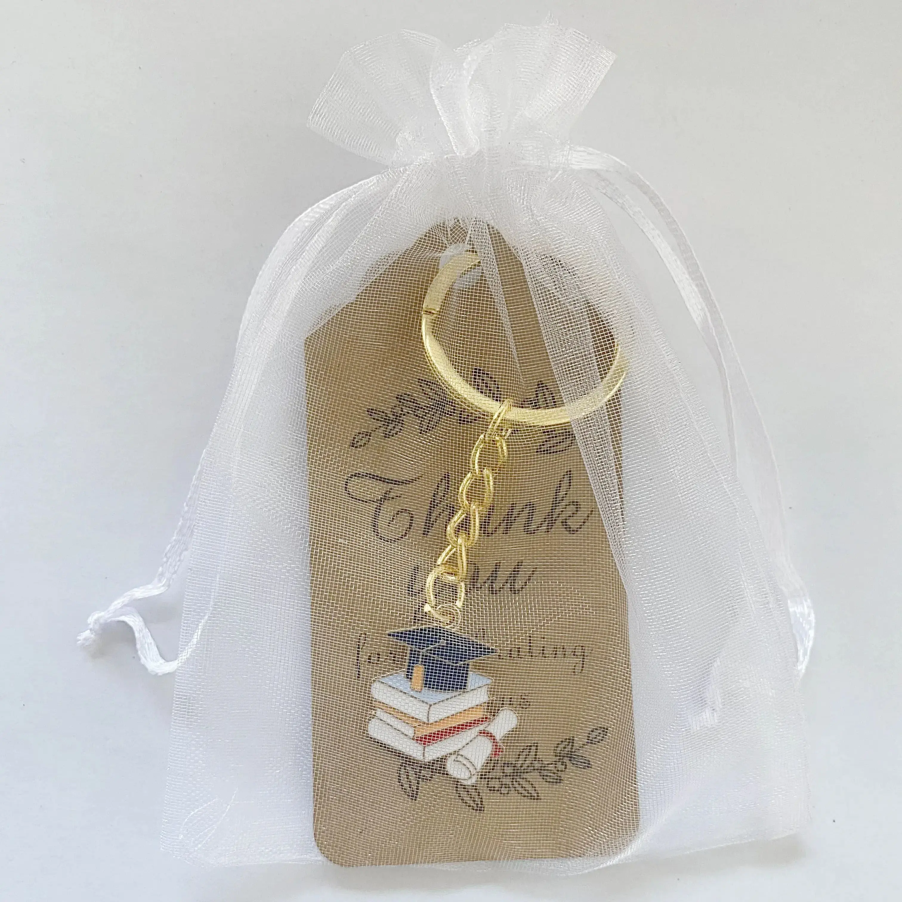 12 Sets Graduation Party Favors, Keychains with Thank You Tags and White Organza Bags for Graduation Gifts