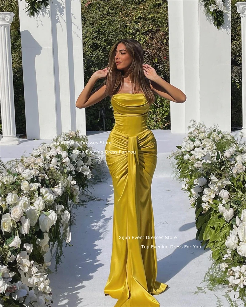 Xijun Sexy Yellow Mermaid Evening Dresses Sleeveless Pleats Silk Satin Prom Dresses Floor Length Prom Gowns 2025 robes de soirée