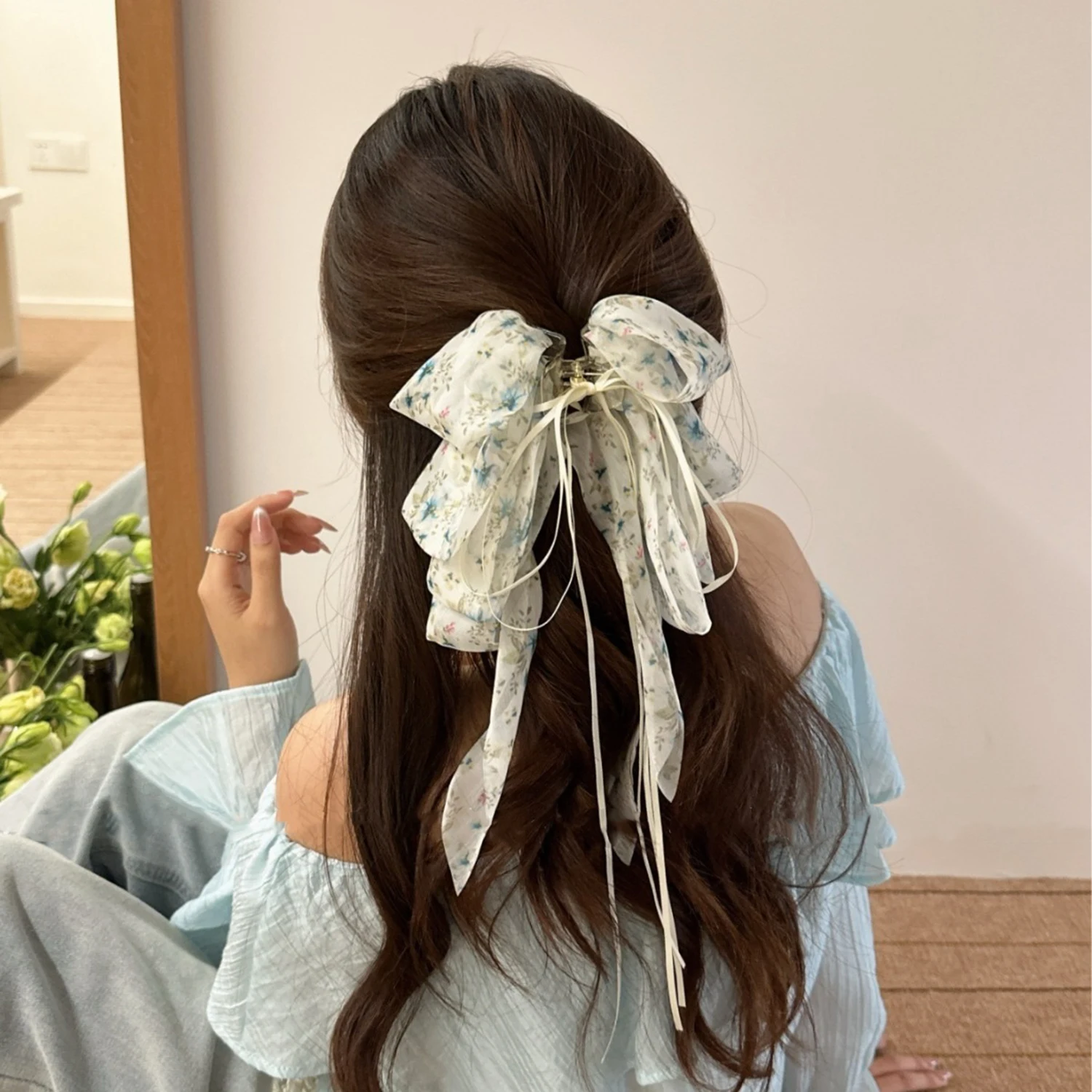 1 Stück französische Chiffon-Haarspange mit Blumenmuster, sanft und elegant, halbgebundene Haarspange, Haarspange für den oberen Teil, Haarspange für Pferdeschwanz, Haar-Accessoire – Detail 2