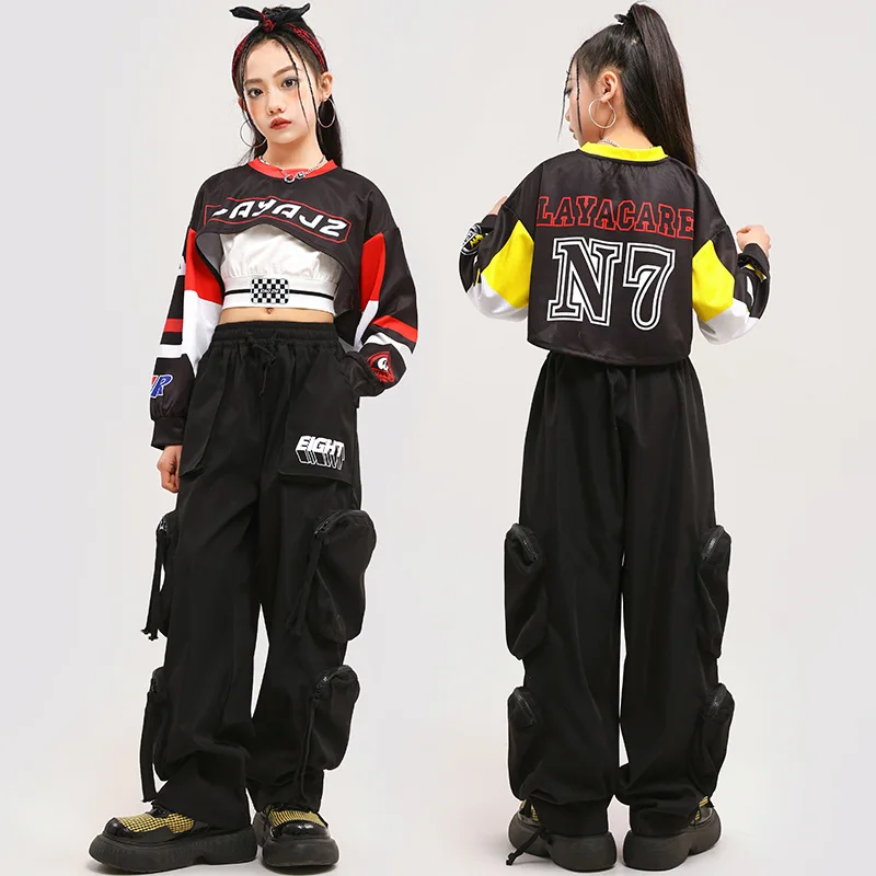 Kid Hip Hop Clothing Letters Crop Top Long Sleeve T Shirt Black Casual Pockets Cargo Pants for Girl Jazz Dance Costume Clothes