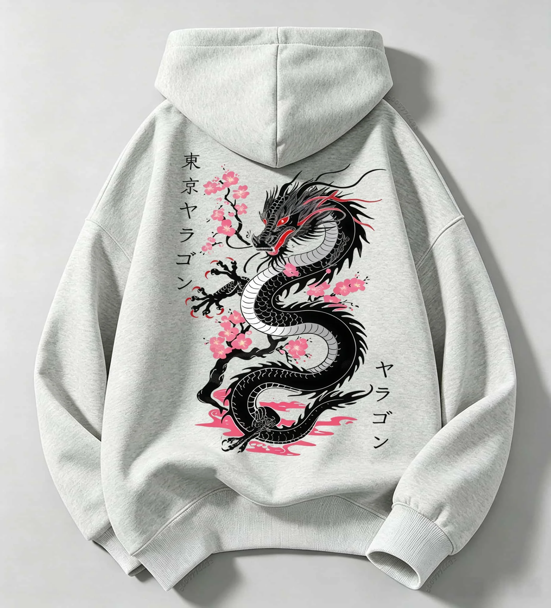 Vintage Japanese Streetwear Kids Hoodie Black Dragon Sakura Cherry Blossom Print Loose Oversized Pullover For Boys Girls