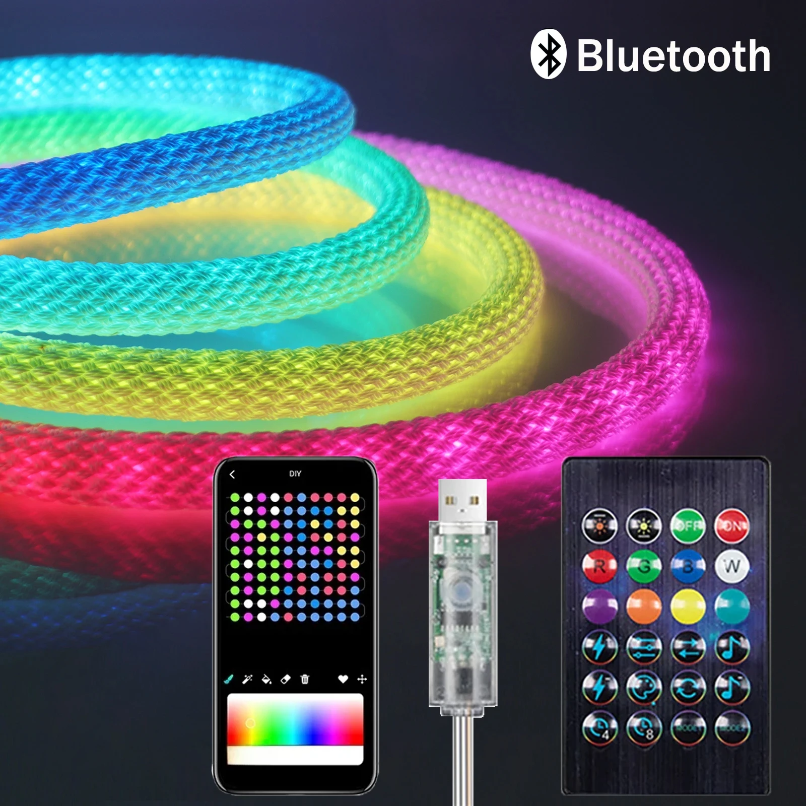 360 Degree Illuminated LED Neon Woven Light Strip 5V USB Music Sync APP Control for Game Room Festival Camping Bedroom Decor
