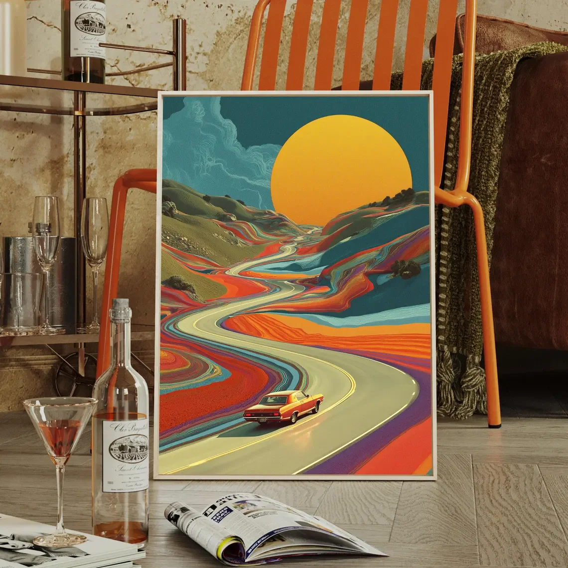 Retro-psychedelischer Roadtrip-Wandkunstdruck, Vintage-Poster mit Sonnenuntergang und gewundenen Straßen, surrealistische Landschafts-Leinwand für das Wohnzimmer D
