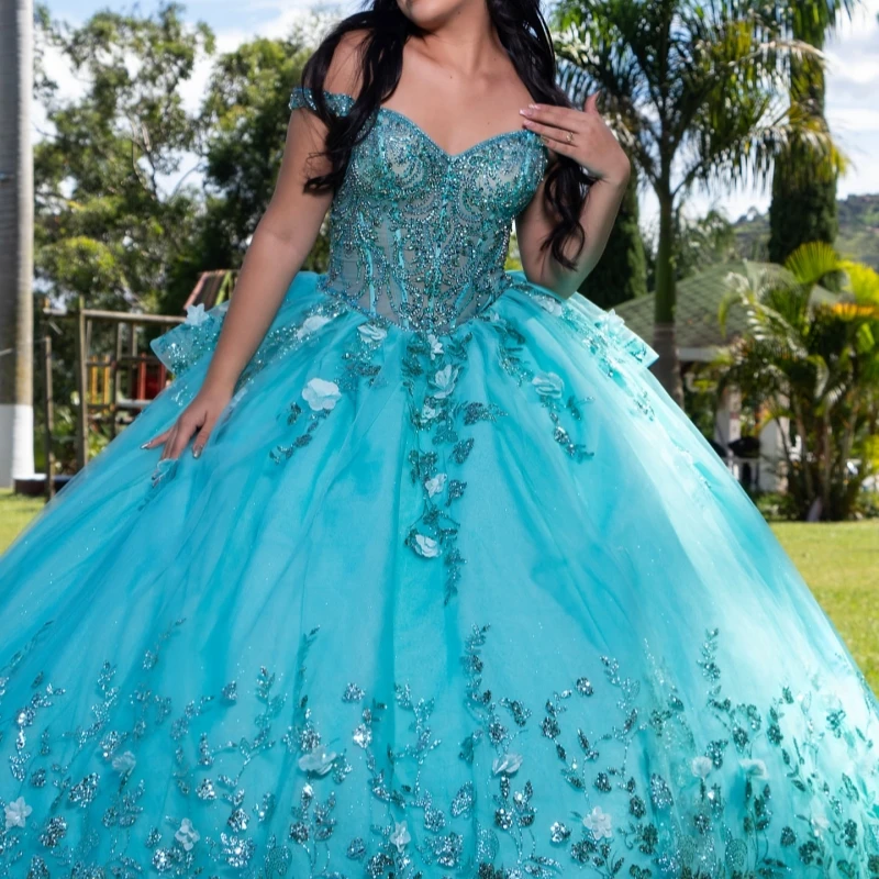 

Water Blue Shiny Quinceanera Dresses Ball Gown Off The Shoulder Sequin Applique Lace Beads Tull Party Birthday Sweet 16 Dress