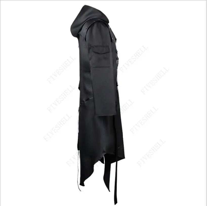 2023 Medieval Men Gothic Coat Irregular Hooded Hip Hop Trench Coat Steampunk Long Black Overcoat Assassin Cosplay Costumet